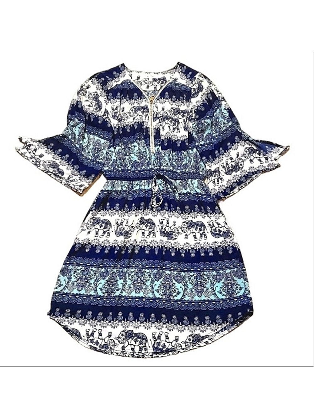 STELLA TWEED ELEPHANT BOHO MINIDRESS BLUE WHITE 1/2 ZIP WOMENS SMALL